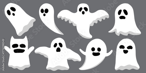 Cute halloween ghost collection vector set. Set of funny cartoon spooky ghosts clipart. Halloween characters ghostly pack
