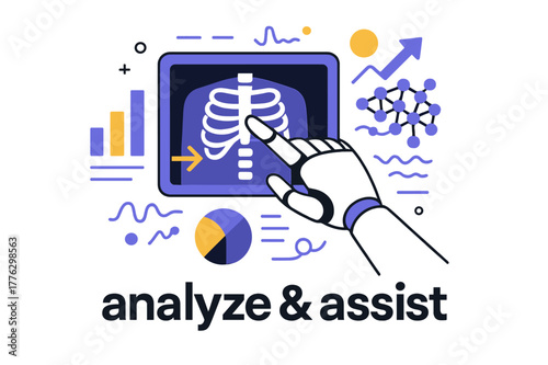 AI Diagnosis Visualization. Healthcare Tech ? AI Diagnosis. Robot hand points to a digital X-ray on a floating screen; data bars and neural nodes animate