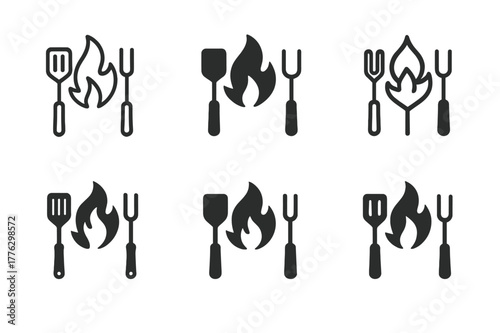 Home Barbecue Icons. Home barbecues and outdoor kitchens. Icon set. Set Logo of home barbecues and outdoor kitchens: chef?s spatula and fork with flame icon.