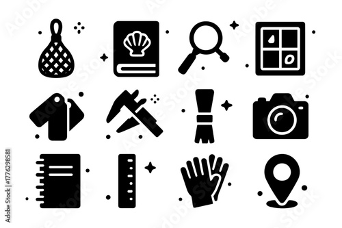 Shell Collecting Icons. Shell Collecting Tools. Solid icons set of Shell Collecting Tools: mesh bag, field guide, magnifying glass, specimen box, labeling