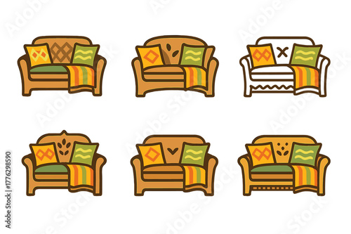 Colorful Garden Logo Variations. Adding colorful outdoor cushions and throws to a garden seating area. Set Logo of outdoor sofa set: wicker sofa with patterned