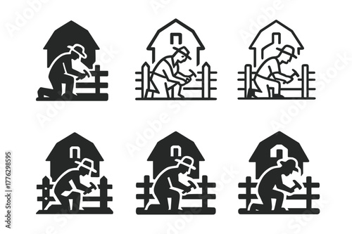 Farmer Fence Logos. A farmer repairing a wooden fence in a field. Set Logo of A farmer repairing a wooden fence in a field: barn silhouette behind repaired