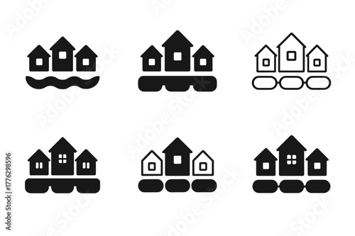 Floating Neighborhood Logos. Floating neighborhoods. Set Logo of floating neighborhoods: modular pontoon platform. Icon set. harmonious logo variations of the