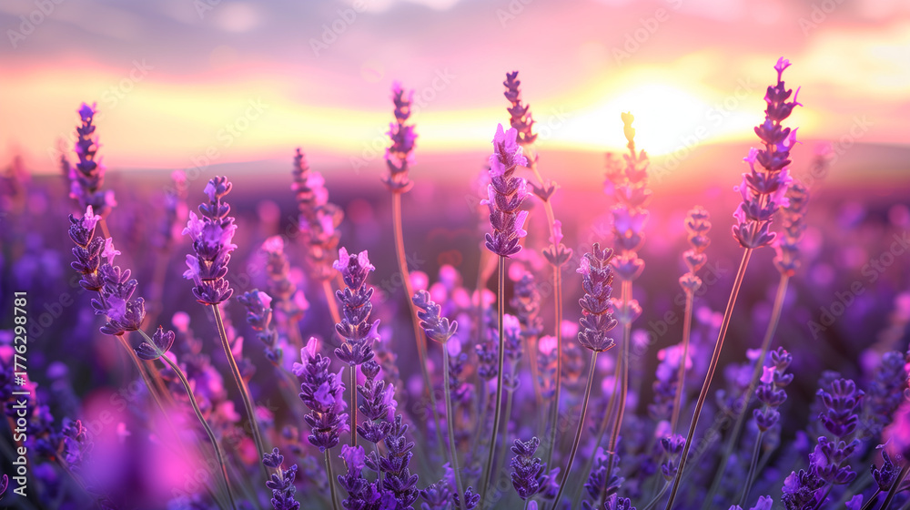 Fototapeta premium A lavender field at dusk, where the last light of the sun gently fades, filling the air with calm, color, and a touch of evening magic.
