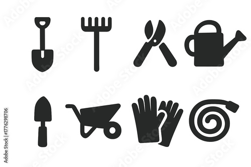 Garden Tools Icons. Garden tools. Filled icon set of garden tools: shovel, rake, pruning shears, watering can,
