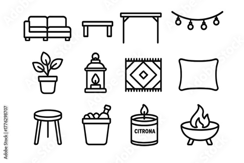 Outdoor Lounge Icons. Outdoor Lounge. Line icon set of Outdoor Lounge: sectional sofa, coffee table, pergola, string lights, potted plant, lantern, outdoor