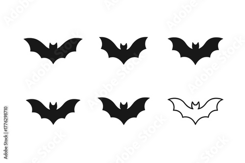 Halloween Bat Logos. Halloween parties and decorations. Set Logo of Halloween parties and decorations: bat with spread wings. Icon set. harmonious logo