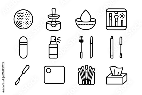 Makeup Hygiene Icons. Makeup hygiene. Line icon set of makeup hygiene: brush cleaning mat, brush spinner, sponge washer, UV brush cabinet, travel brush guard,