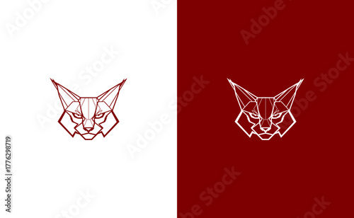 Geometric lynx head logo design on red and white backgrounds