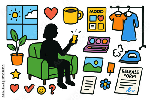 Colorful Lifestyle Essentials. Lifestyle product shoot. Colorful Hand-drawn doodle Children illustration Lifestyle product shoot model silhouette, handheld