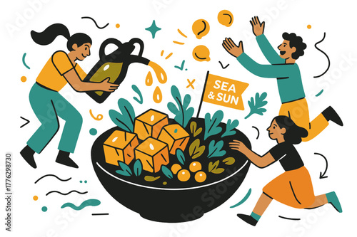 Mediterranean Poke Artistry. Mediterranean poke. Olive oil drops shimmer over cubes and herbs; ?Sea & sun? glows on a tiny flag. Chickpeas tumble in like