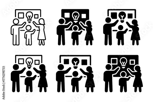 Family Vision Board Icons. Creating a family vision board. Icon set. Set Logo of creating a family vision board: family members pointing at ideas on wall