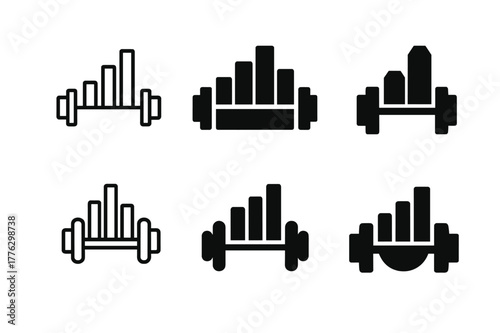 Barbell Chart Logos. Training load. Set Logo of Training load: barbell combined with bar chart. harmonious logo variations of the same emblematic concept, each