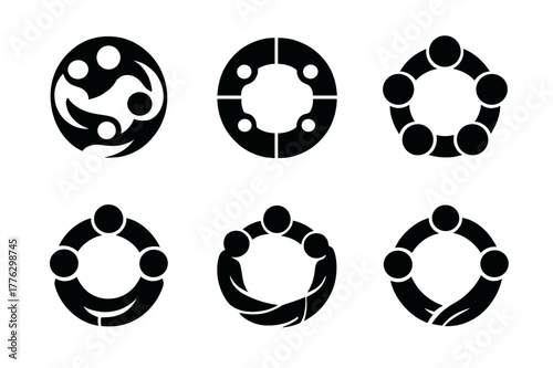 Team Emblem Variations. Building rapport. Set Logo of Building rapport: team circle with linked arms. Icon set. harmonious logo variations of the