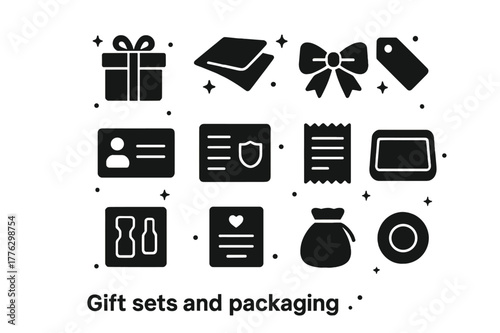Gift Packaging Icons. Gift sets and packaging. Solid icons set of gift sets and packaging: gift box, tissue paper, ribbon bow, brand tag, warranty card,