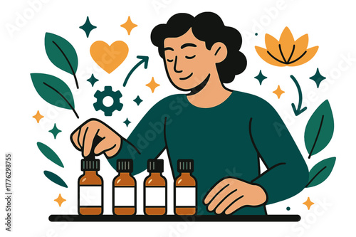 Aromatherapy Selection Scene. Aromatherapy oils. Person selecting essential oils from collection with abstract floating icons, leaves, and sparkles; conveys