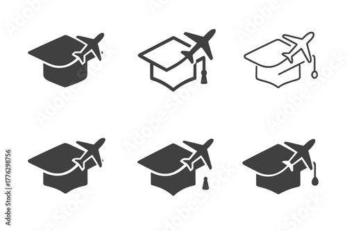 Study Abroad Icon Set. Study abroad experiences. Set Logo of Study abroad experiences: graduation cap with airplane. Icon set. harmonious logo variations of