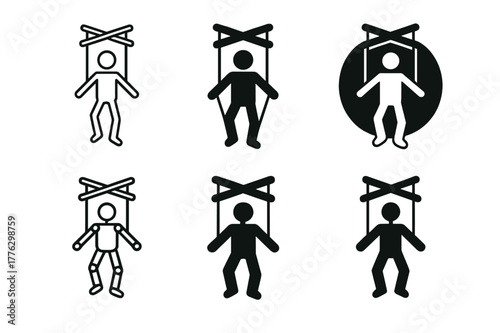 Giant Puppets Logos. giant puppets. Set Logo of giant puppets: Parade marionette with control cross. Icon set. harmonious logo variations of the same
