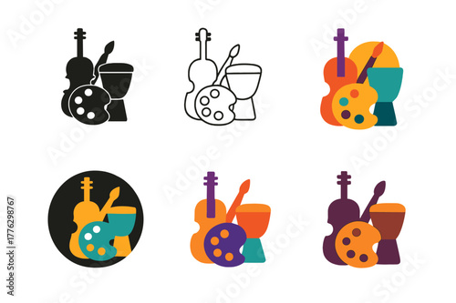 Musical Emblems Diversity. Cultural diversity in art. Set Logo of Cultural diversity in art: ensemble of musical instruments. Icon set. harmonious logo