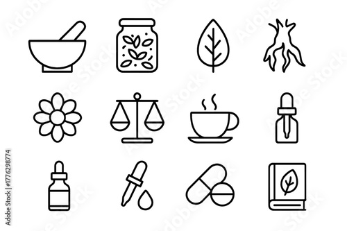 Herbal Medicine Icons. Herbal medicine. Line icon set of herbal medicine: mortar and pestle, dried herbs jar, leaf, root, flower, balance scales, tea cup,