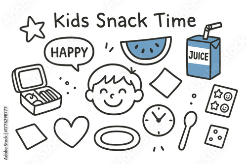 Kids Snack Doodle. // Kids snack time. Hand-drawn doodle illustration Kids snack time [kid face smiling (accented), lunchbox, watermelon sticks (accented),