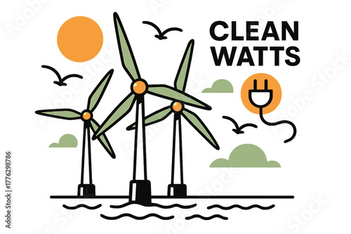 Offshore Wind Symphony. Offshore Wind Turbines. Slow-blade giants turn above gentle waves as seabirds trace tidy arcs; ?Clean Watts? hovers near a cable icon.