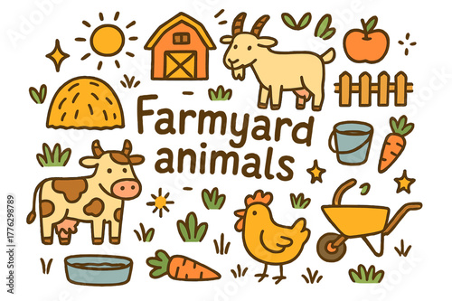 Colorful Farmyard Doodles. Farmyard animals. Hand-drawn doodle illustration of farmyard animals. Cow, goat,