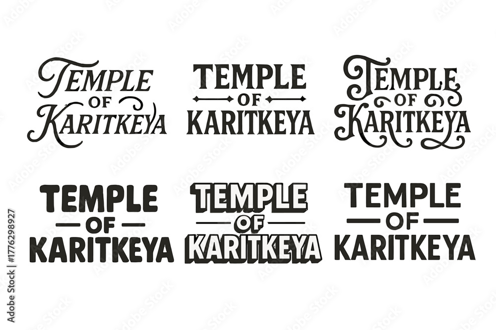 Obraz premium Harmonious Lettering Variations. Temple of Karitkeya. Set lettering. harmonious lettering variations of the same emblematic concept, each with different