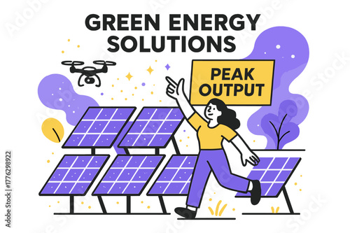 Solar Farm Inspection. Green Energy Solutions ? Solar Farm. Sunlit panels tilt in a neat grid; a tiny drone inspects rows while a banner says ?Peak Output.?