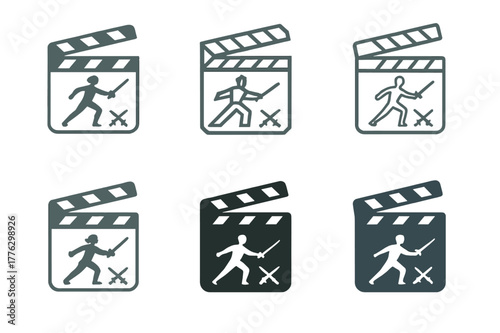 Sword Fight Icons. An actor performing a dramatic sword fight on stage. Set Logo of An actor performing a dramatic sword fight on stage: clapboard with crossed