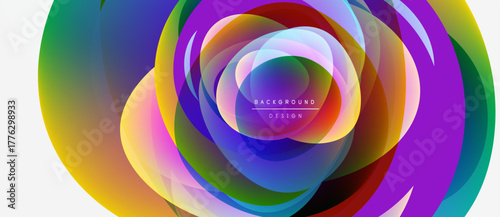 Abstract colorful layers create dynamic circular design. Vibrant hues blend, forming modern background element. Smooth gradients suggest movement, depth.