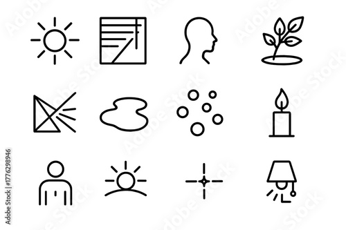 Light and Shadow Icons. Light and Shadow. Line icon set of Light and Shadow: sunbeam, window blinds, silhouette, shadow of leaves, prism rainbow, reflection