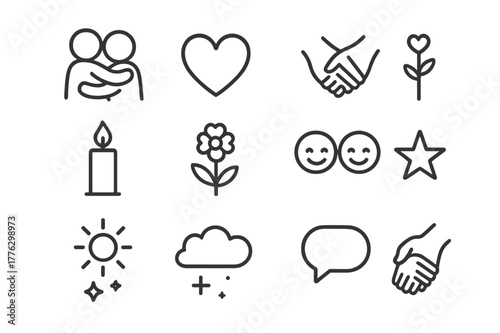 Intimate Icon Set. Intimate moment. Line outline icon set of intimate moment: two people hugging, heart,