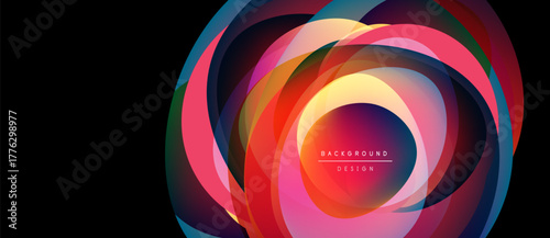 Abstract colorful layers create dynamic circular design. Text reads background design within central glow. Modern, vibrant composition.