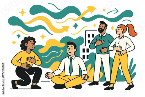 Mindful Office Retreat. Digital detox for employees. Team practicing breathing exercises in office courtyard with abstract floating waves, arrows,