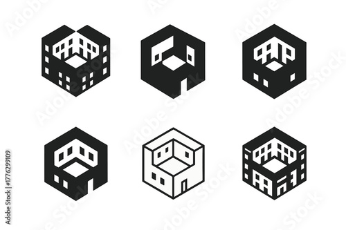 Urban Design Logo Variations. Barriers and solutions in urban design. Set Logo of Barriers and solutions in urban design: modular housing block with open