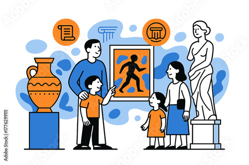 Cultural Heritage Exploration. Cultural exploration. Families view ancient pottery, paintings, and statues