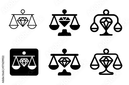 Ethical Jewelry Logo Variations. Ethical jewelry design. Set Logo of Ethical jewelry design: gemstone in balanced scales. harmonious logo variations of the