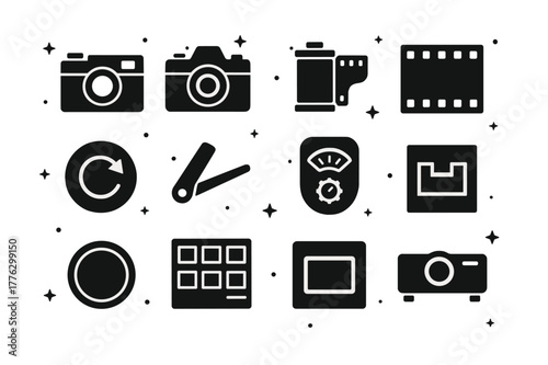 35mm Film Icons. 35mm Film Era. Solid icons set of 35mm Film Era: rangefinder camera, SLR camera, film cassette, sprocket holes, rewind crank, advance lever,