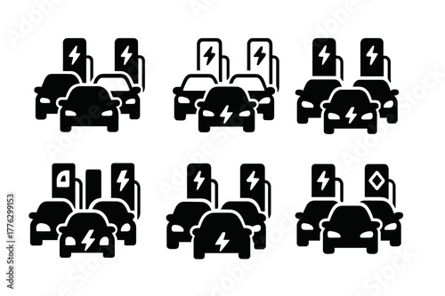 Electric Vehicle Logo Set. Electric vehicle adoption. Set Logo of electric vehicle adoption: workplace charging row. Icon set. harmonious logo variations of