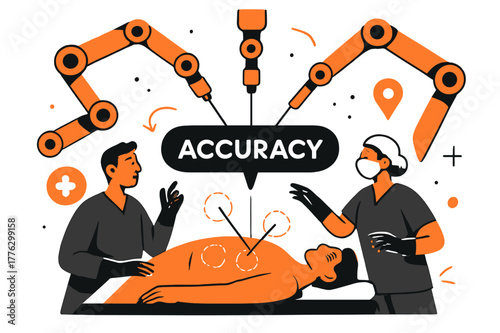 Robotic Surgery Precision. Healthcare Tech ? Robotics in Surgery. Robotic arms extend delicately over a stylized patient; soft circles mark precision points.