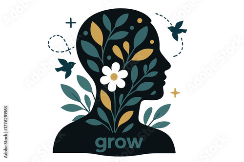 Garden Portrait Artistry. Conceptual Portrait ? Double Exposure Garden. Leaves and petals silhouette within the subject?s profile; tiny birds trace a looping