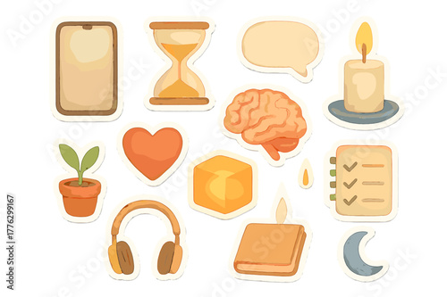 Watercolor Mindfulness Stickers. Mindfulness app icons. Realistic hand-painted watercolor style sticker sheet