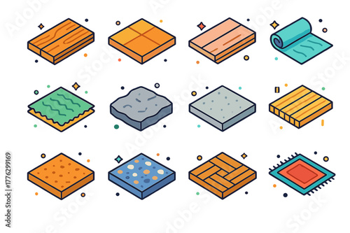 Colorful Flooring Icons. Floor types. Colorful isometric vector icons set of Floor types: hardwood plank, tile square, laminate board, vinyl sheet, carpet