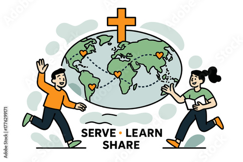 Global Mission Map. Global Mission Map. A gentle cross icon sits above a world map with dotted flight paths; small hearts mark partner communities. Text reads