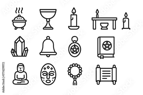 Ritual Artifact Symbols. Ritual artifacts. Line outline icon set of ritual artifacts: incense burner, chalice,