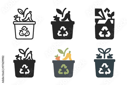 Composting Icon Variations. Composting and waste reduction methods. Set Logo of composting and waste reduction methods: compost bin with organic scraps. Icon