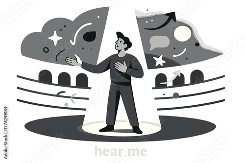 Spotlight Monologue. Amphitheater ? Spotlight Monologue. A lone actor stands center stage; a clean cone of light slices the dusk. Whispered caption ?hear me?