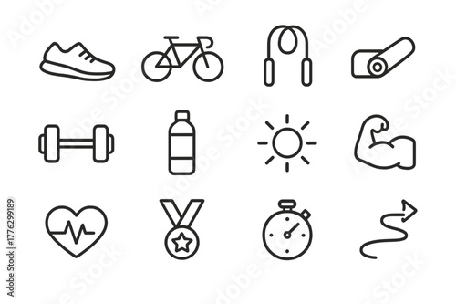Outdoor Fitness Icons. Outdoor fitness. Line outline icon set of outdoor fitness: running shoe, bicycle, jump