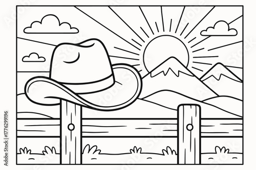 Cowboy Hat Coloring Scene. Western sunset children?s coloring book illustration, outlined drawing, cowboy hat resting on a fence with mountains and sun rays in